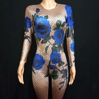 vintage female blue rose printing long sleeves skinny performance jumpsuits womens sexy pole dance rhinestone bodycon costumes