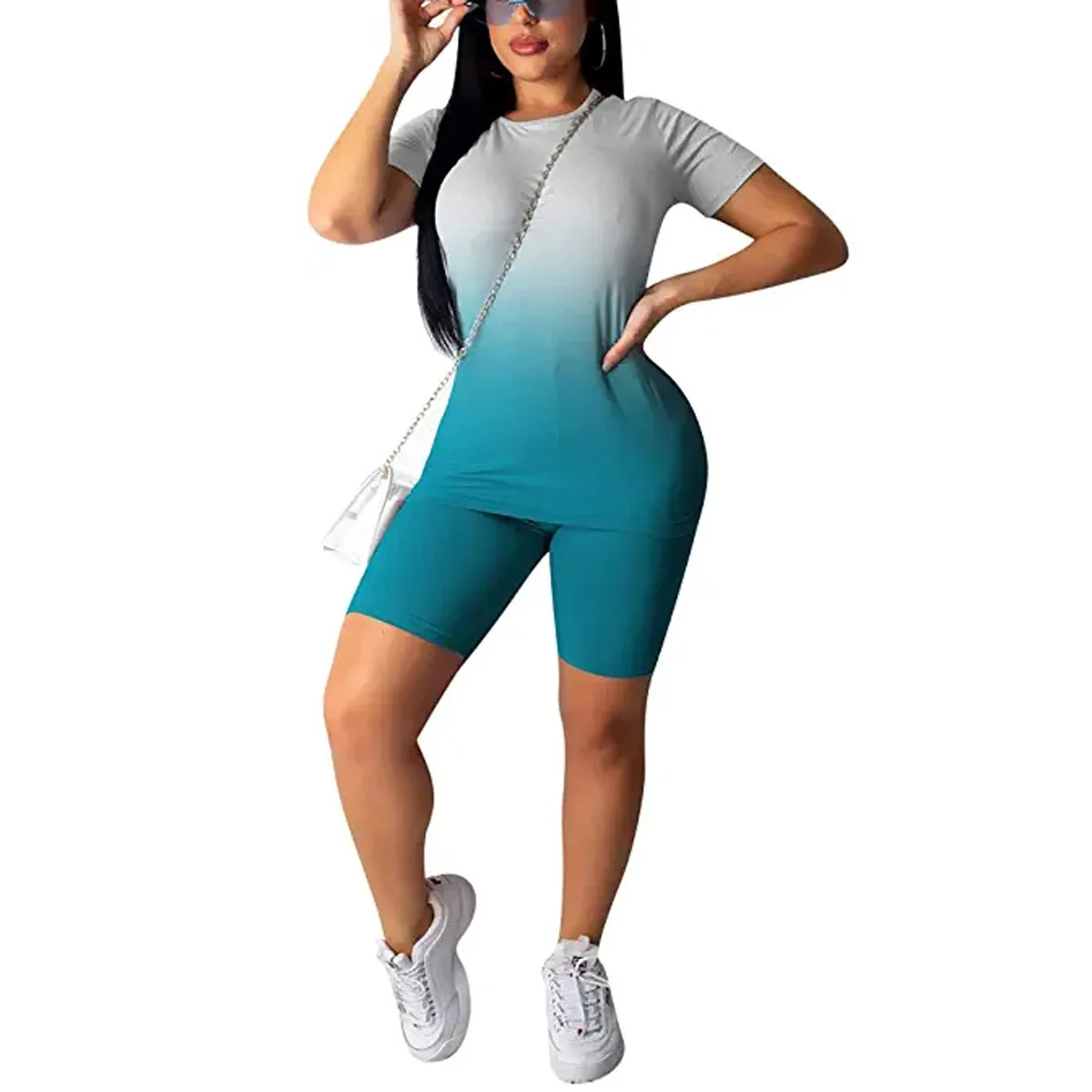 

Sexy Women Set Clothes Gradient Pattern Short Sleeve Slim Top High Waist Elastic Band Short Pants Tracksuit Set Outfits