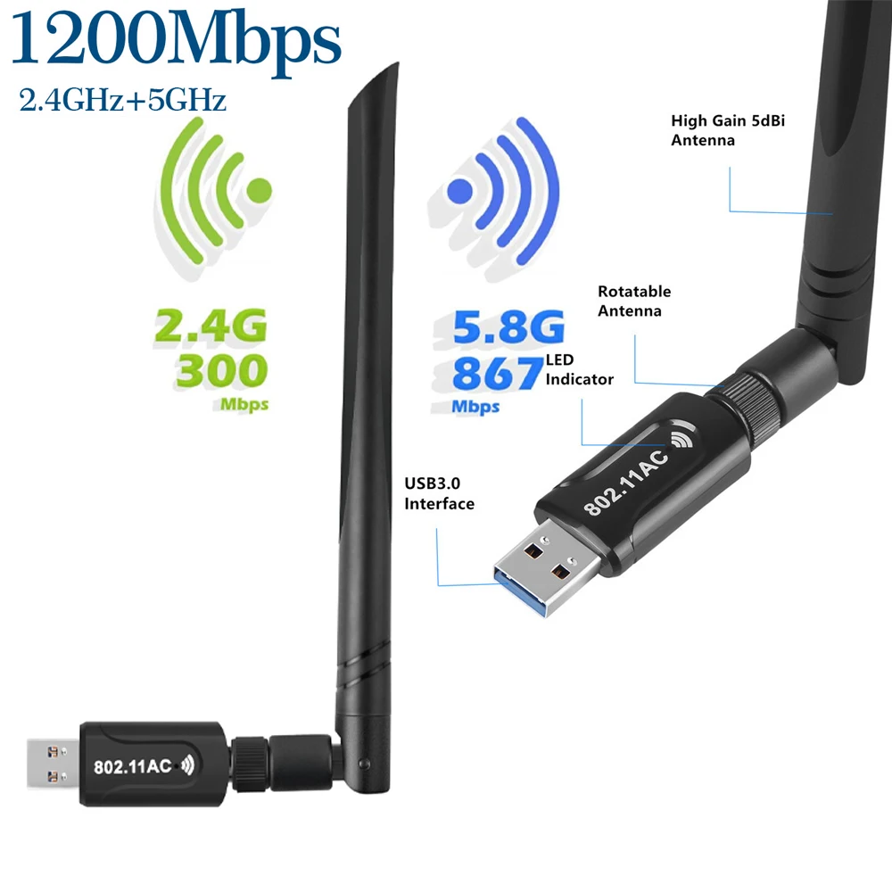 wifi card usb wi fi adapter 1200mbps dual band 2 4g 5g ghz 802 11 antenna wireless network dongle internet gratis for pc phone free global shipping