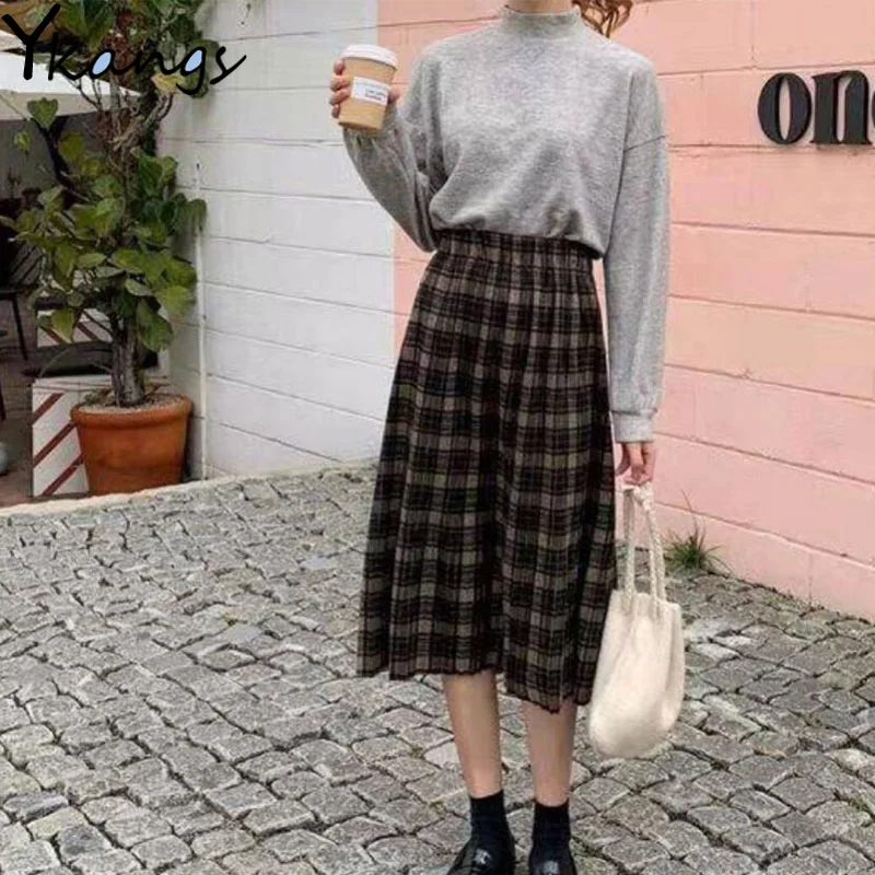 

Vintage Plaid Pleated Long Skirts Winter Women Punk Rock Korean Woolen Warm Skirt Plus Size Streetwear High Waist Midi Skirt