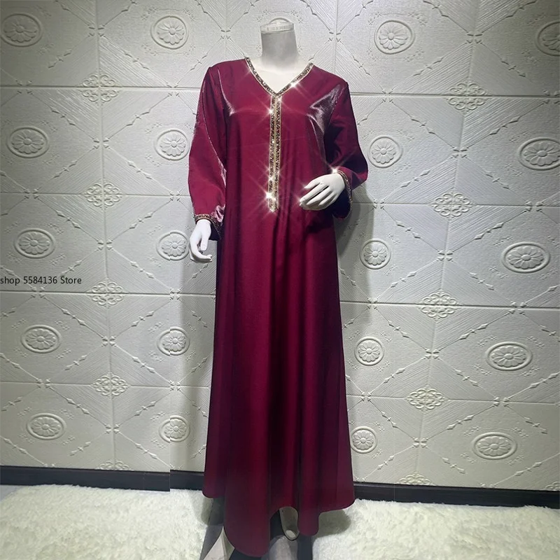 Satin Dubai Abaya Jalabiya Shiny Rhinestones V Neck Long Sleeve Islam Muslim Women Robe Party Dress Arab Turkey Moroccan Kaftan |