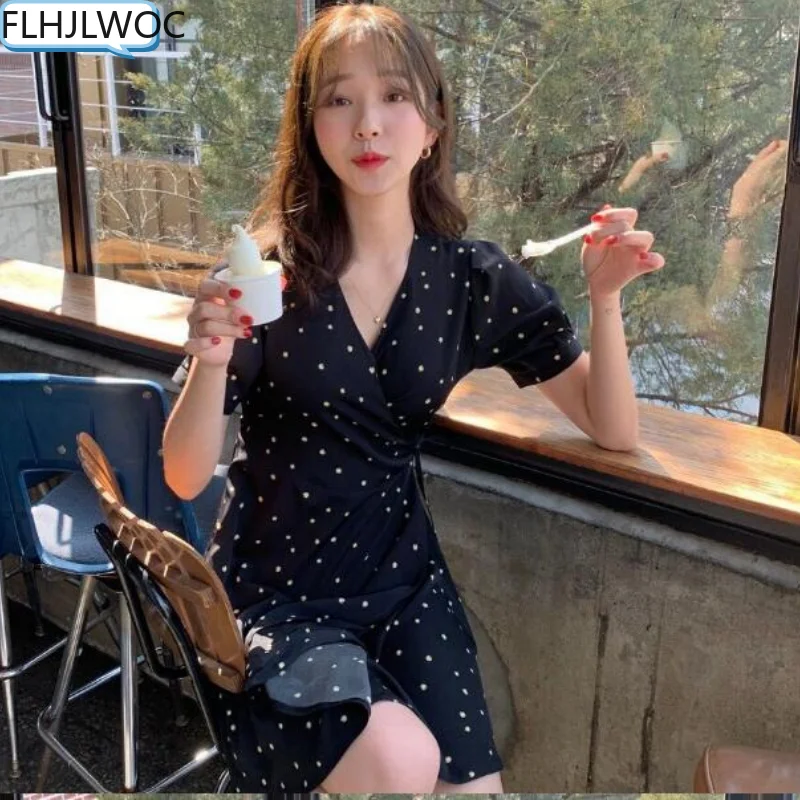 

2022 Summer Cute Sweet Mini Dresses Hot Sales Korean Japanese Style Design Women Flhjlwoc V Neck Bow Tie Dot Floral Dress 4222