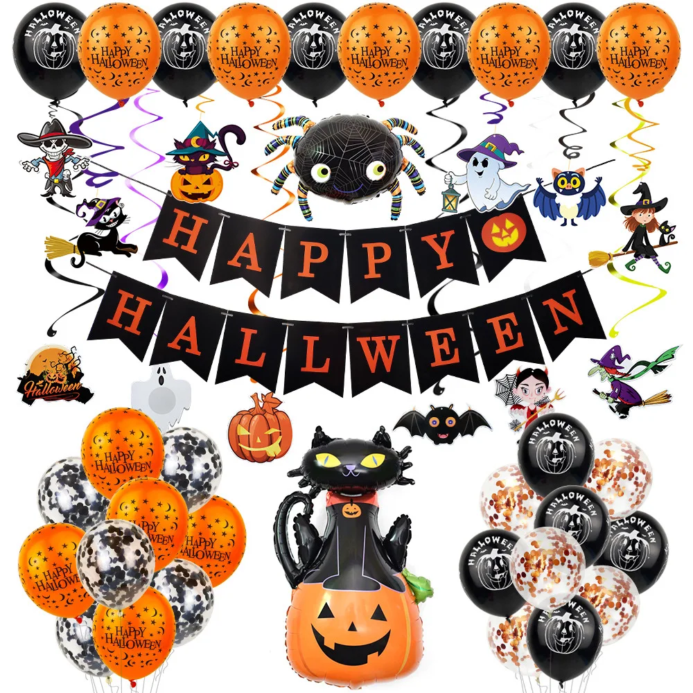 

49 наклеек, набор украшений для вечевечерние НКИ на Хэллоуин, паук, Черный кот, конфетти, воздушные шары, баннер на Хэллоуин для бара, домашний...