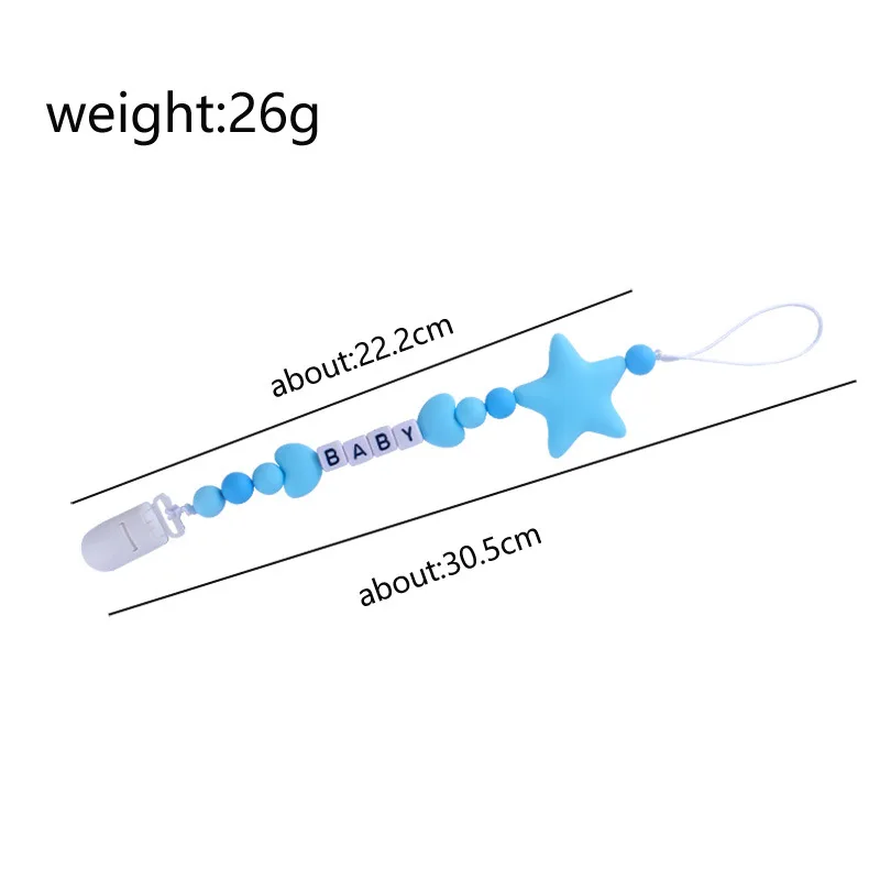 

Hot Sale Baby Teether Silicone Pacifier Clips Chain Five-pointed Star Letter Bead Teether Chew Chain Baby Nipple Anti-lost Chain