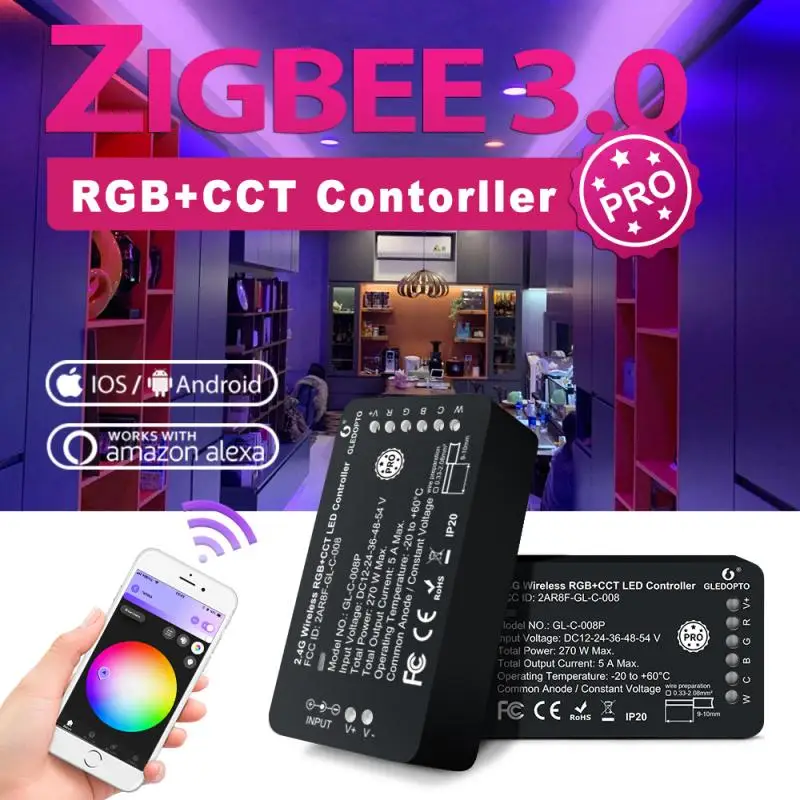 

Умный светодиодный светильник GLEDOPTO PRO RGB + CCT, управление полосами, умный Wi-Fi 2,4 ГГц Радиочастотный пульт дистанционного управления ZIGBEE3.0, рабо...