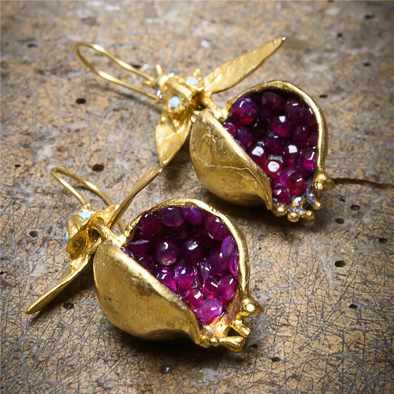 

2021 Unique Gold Pomegranate Design Earring Dangle Hook Crystal Earrings for Women Female Brincos Fashion Jewelry Gifts for her