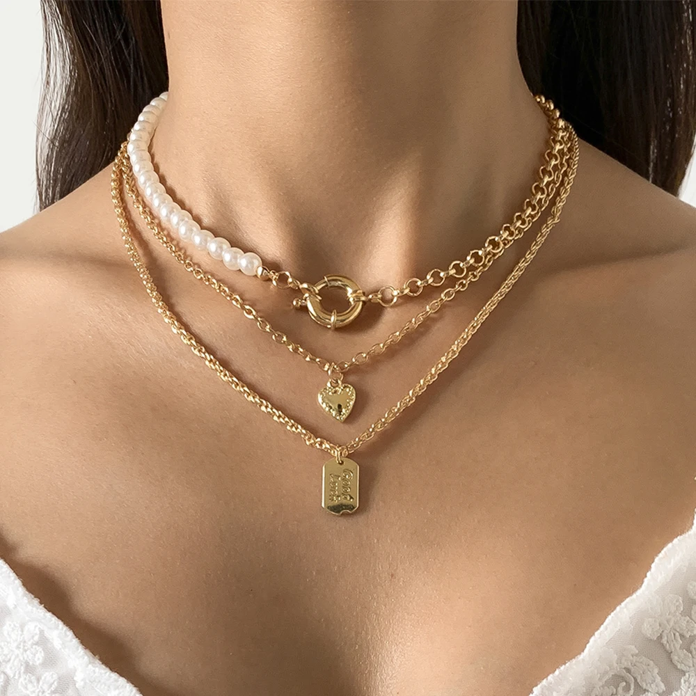 

Ingemark Vintage Imitation Pearl Chain Necklace Wedding Collar 2021 Geometric Pendant Heart Necklaces for Women Choker Jewelry