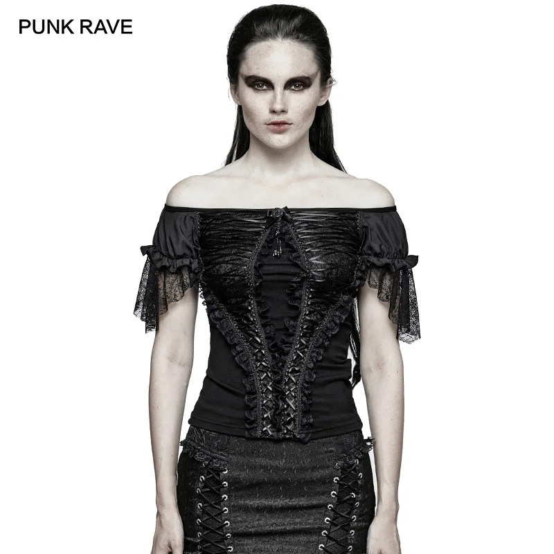 Панк рейв Готический женский s кружева сексуальные с коротким рукавом черные