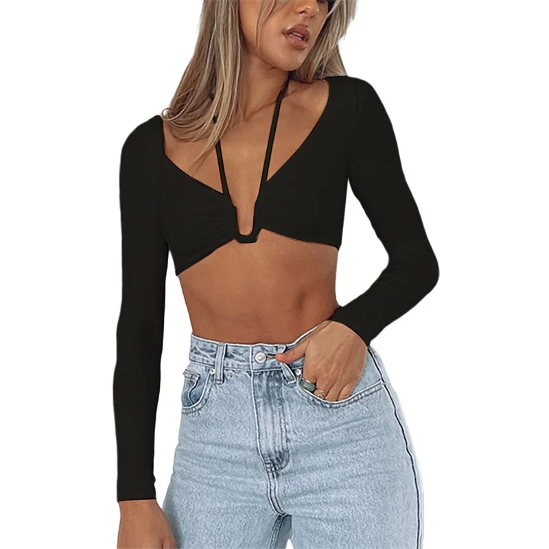 

Женские короткие топы, однотонная Облегающая рубашка с длинными рукавами и вырезом, с вырезами и пупком