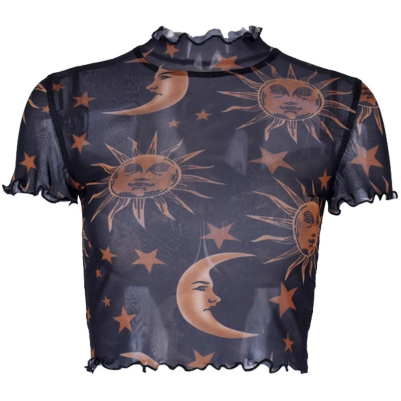 Пикантные женские прозрачные сетчатые кроп-топы с принтом Солнца и Луны черные