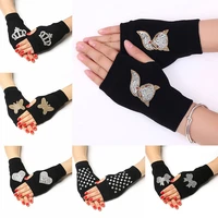 womens half finger hand warmer fingerless mittens sparkling knitted gloves winter black rhinestone