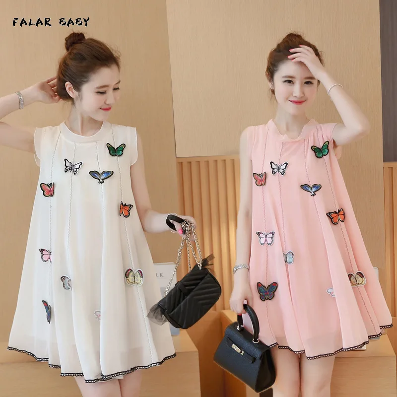 

2021 Fashion Big Size Maternity Dress Chiffon White Pink Solid A-line Butterfly Pregnant Women Dress Summer Maternity Clothes