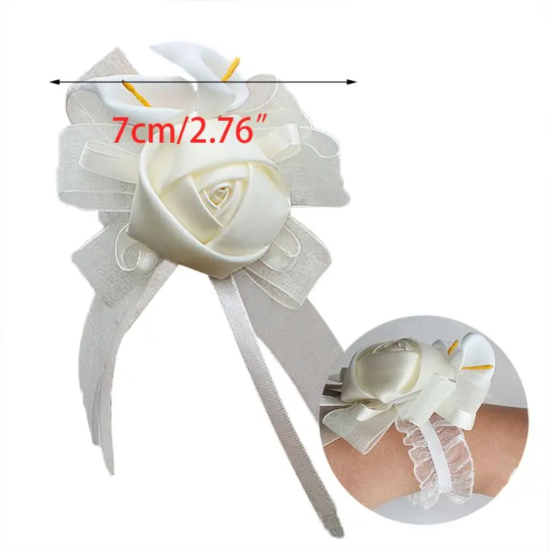 

Wedding Bride Bridesmaid Calla Lily Hand Wrist Flower Artificial Rose Ribbon Corsage Adjustable Lace Bracelets Engagement Decor