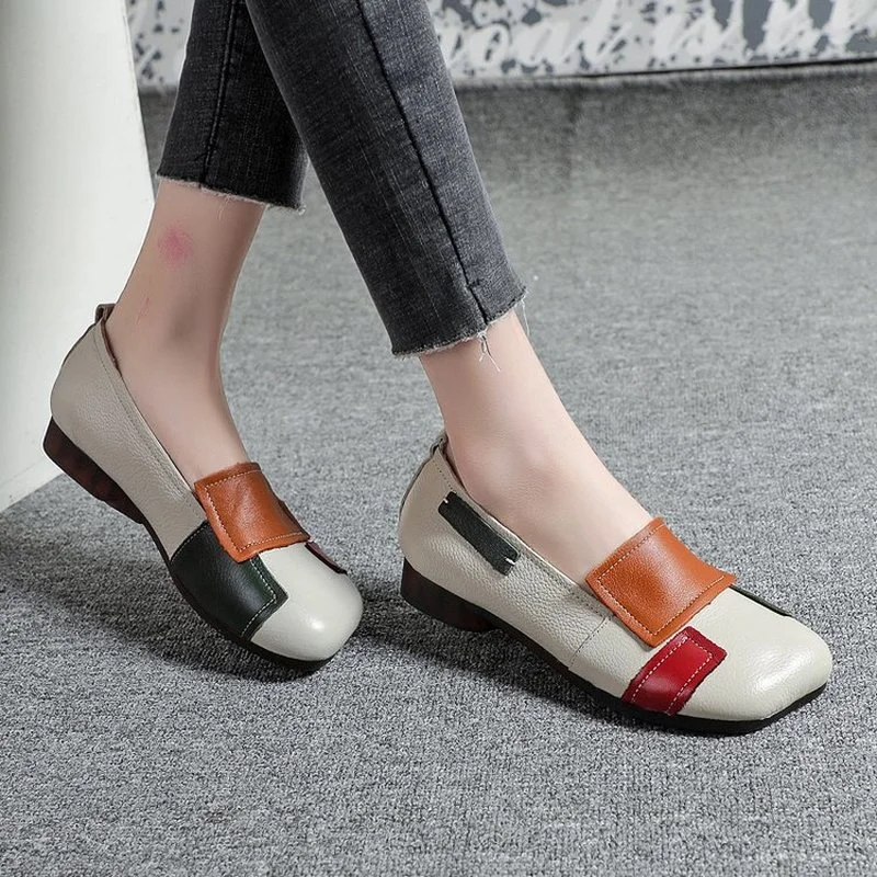 

Handmade retro shallow mouth women's shoes color matching literary casual single shoes beef tendon soft sole peas shoes