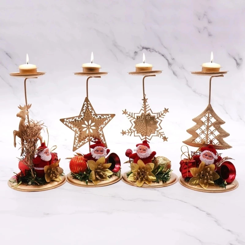 

Santa Claus Snowflake Star Christmas Candlestick Iron Candle Ornament Gift Desktop Candle Holder For Xmas Table Decoration Gold