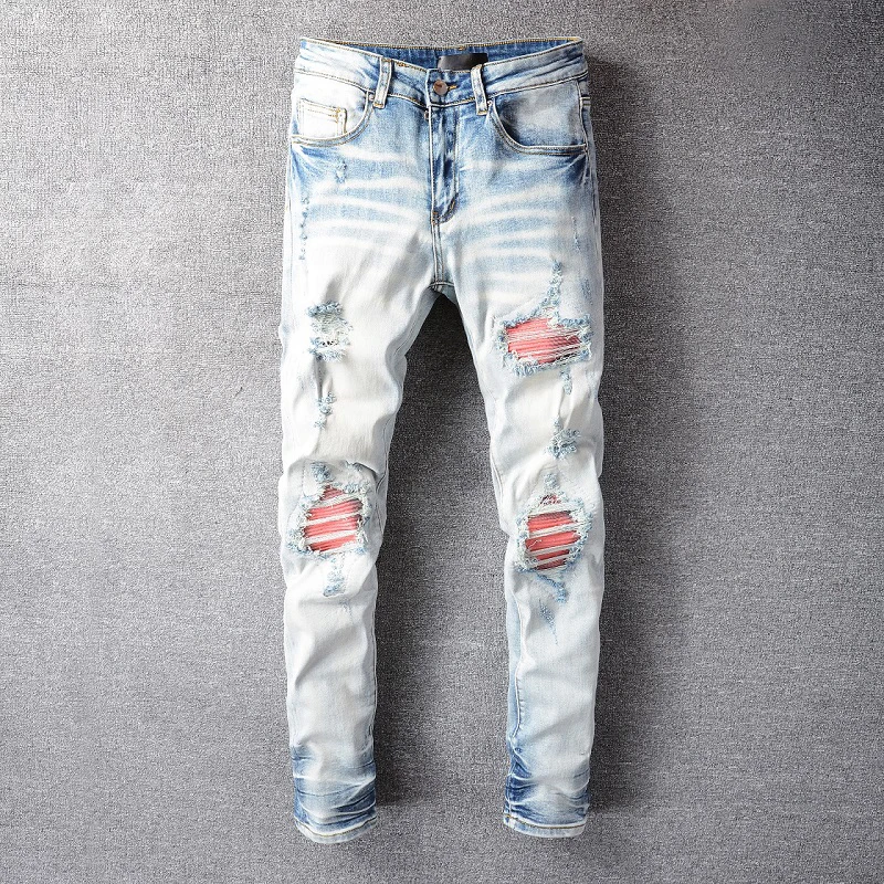 

High Street Ripped Diamond Blue Jeans Men Plus Size Slim Fit Ripped Washed Designer Jeans Trousers Men Party Dance Club Jeans