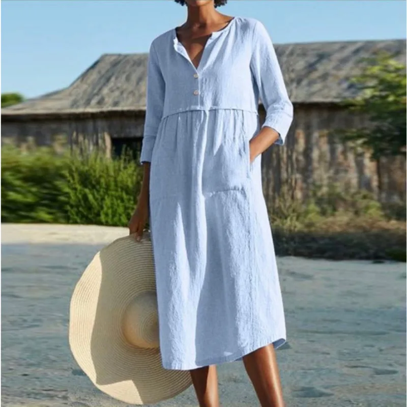 

Plus Size Shirt Dresses Linen Women Summer Sundress Beach Holiday 2021 Vintage Robe Solid Loose Autumn Midi Cotton Dress Casual