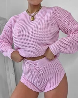 casual womens knitted sweaters white pink outfits fall winter two pieces solid long sleeve o neck jumper crop tops sweater sets