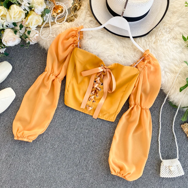 Женская шифоновая блузка с длинным рукавом элегантная однотонная квадратным