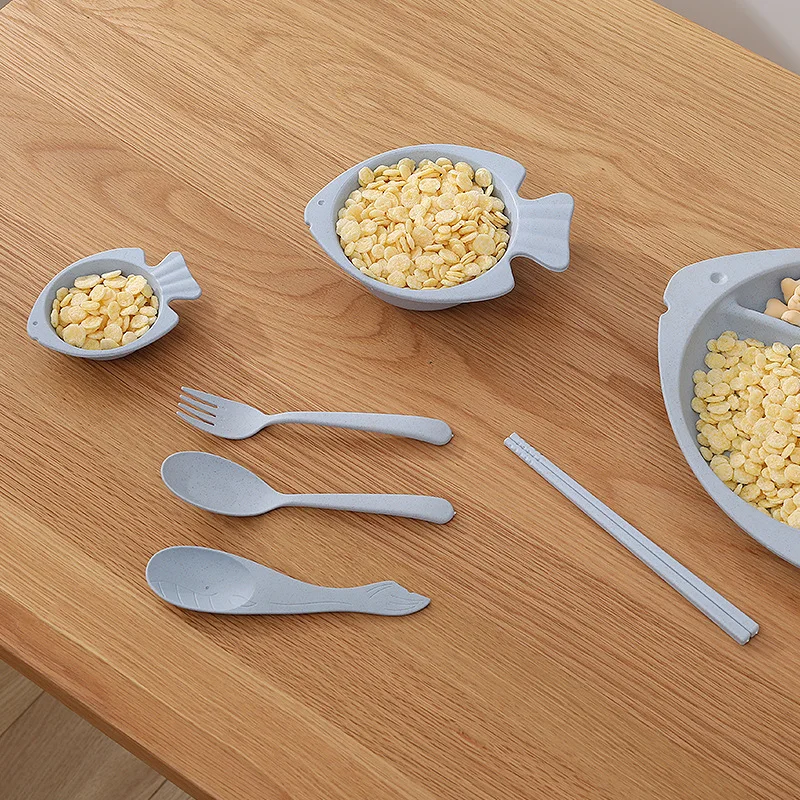 

Wheat Straw Children Seperated Plate Cartoon Household Baby Shatter-resistant Bowl Spoon Fork Tableware Gift Set