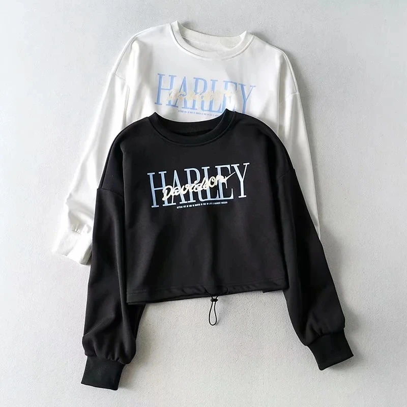 

Europe Fashion Women Organic Cotton Letters Printed Drawstring Tops Lounge Sweatshirt O Neck Top Girl Female O0UV