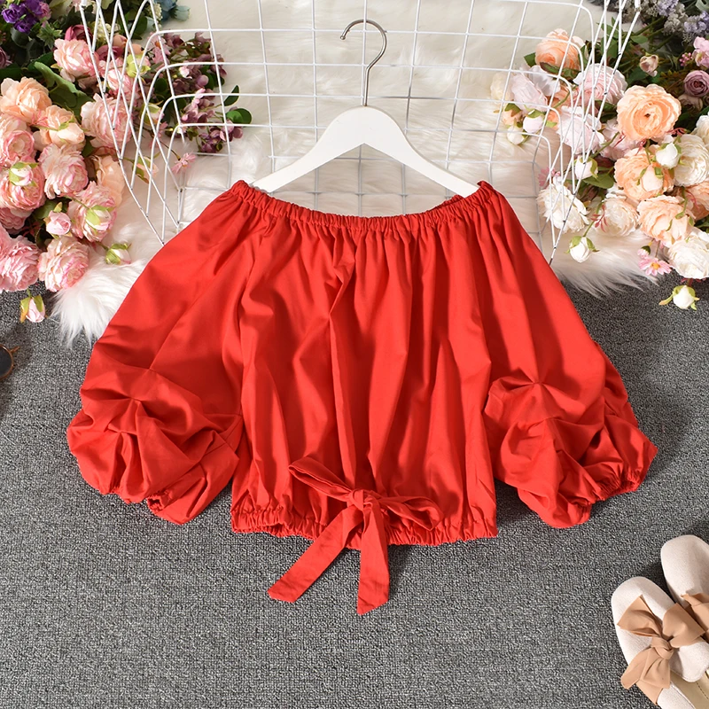 Женская блузка с открытыми плечами базовая короткая рубашка воротником-лодочкой