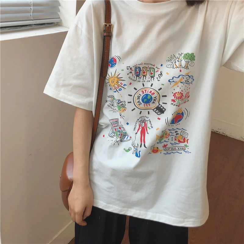 

Women's T-shirts Fashion Korean Casual T Shirt Women Loose Short Sleeve T-shirt O-neck Top Female M399