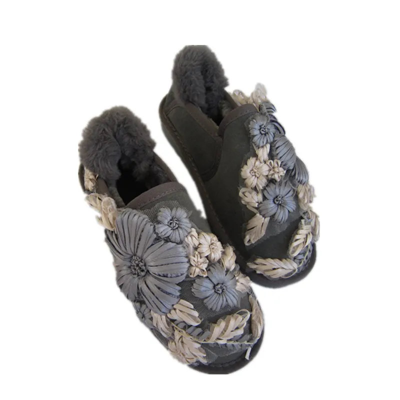 

Stereoscopic Flowers Cotton Shoes Hand Hook Wool Yarn Cowhide Snow Boots Rubber Sole Non-Slip Hard-Wearing Womens Ankle Boots