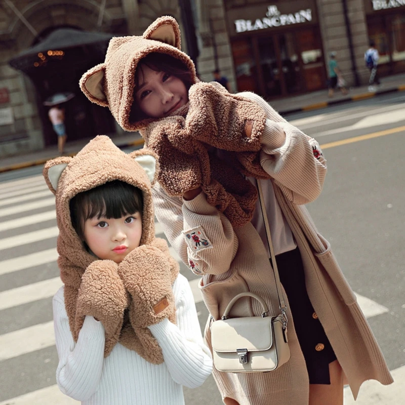 

Cute Cartoon Ears Winter 3 In 1 Scarf Hat Gloves Parent-Child Casual Thicken Plush Warm Hoodrd Earflap Beanie Cap Neck Warm Wrap