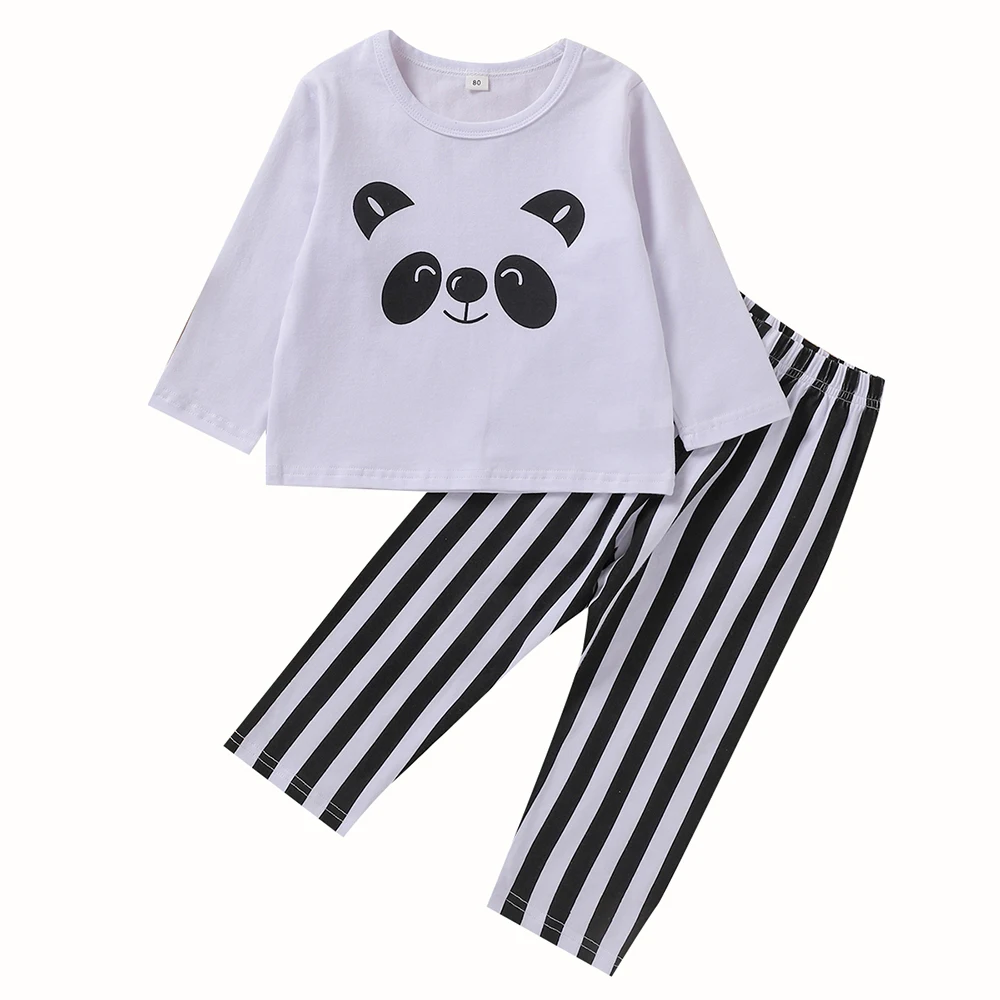

Baby Boy Girl Cartoon Panda Print Clothing Set T-Shirt Pants Casual Cotton Outfits Spring Autumn Kids Long Sleeve Stripe Pajamas