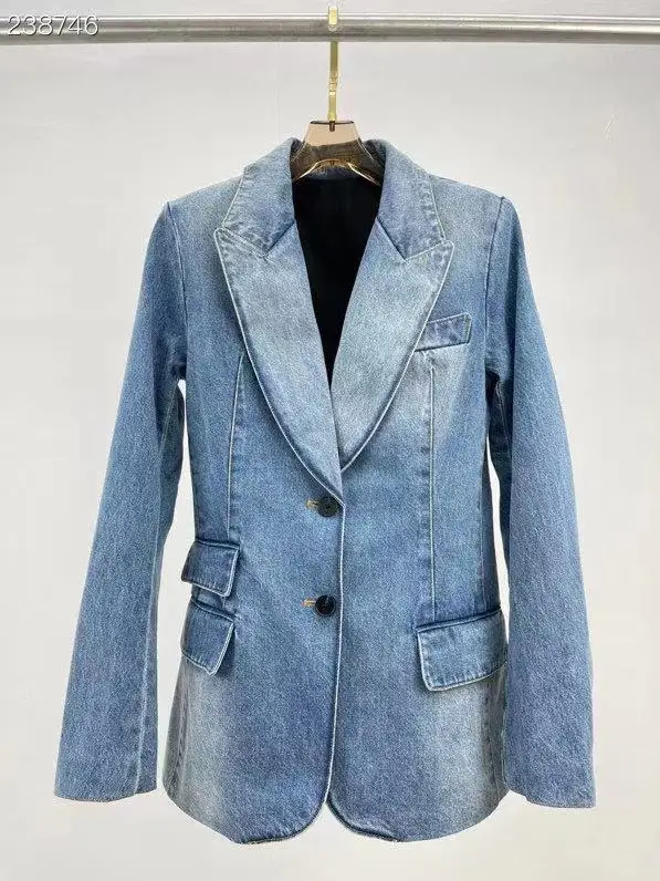 

HIGH STREET Classic Baroque Designer Denim Jacket Women's Single Breasted V-Neck Long Sleeves Top Fashion Blazer