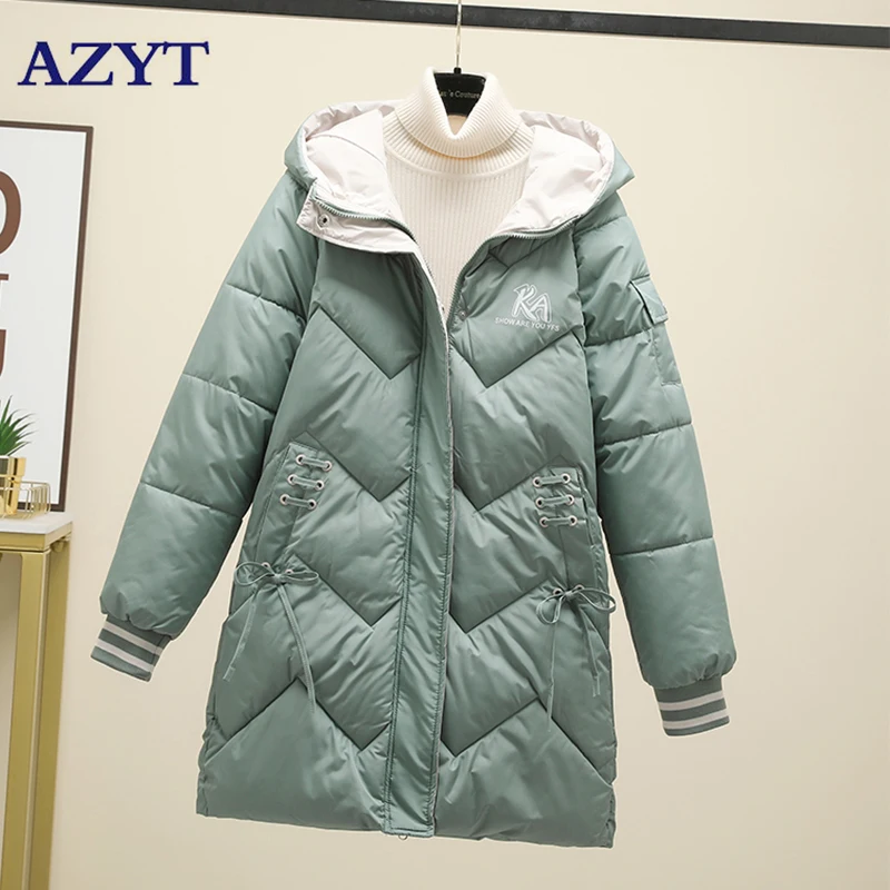 

Женская длинная парка с капюшоном AZYT, свободная ветрозащитная теплая куртка в Корейском стиле, зима 2021