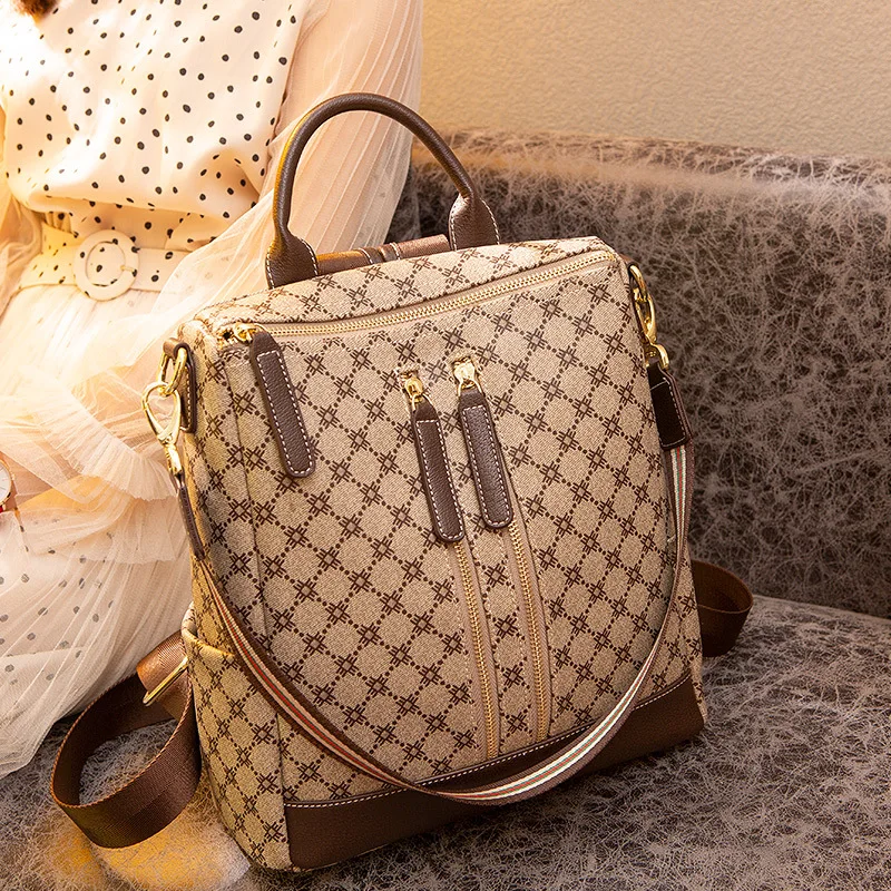 

Genuine Leather Women Backpack 2021 New Fashion Larger Capacity Retro Plaid Bags Ladies Designer Purses and Handbags Sac Luxe Gg