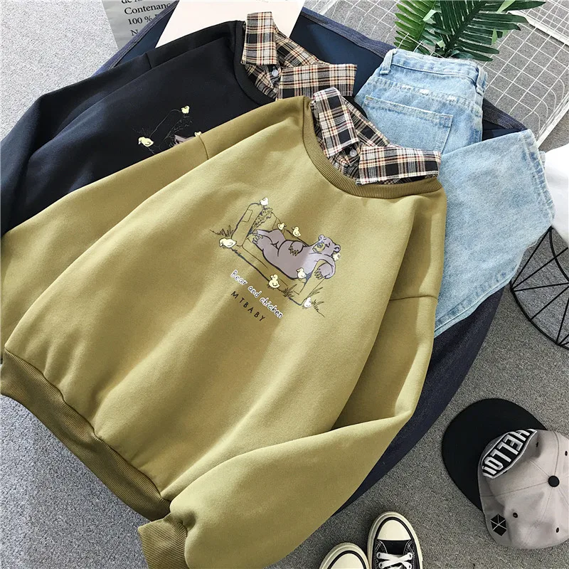 

Women'S Clothing Spring 2021 Pullover Harajuku Fashion Bear Print Loose Polo Collar Thick Sweatshirt Women Hooded Top