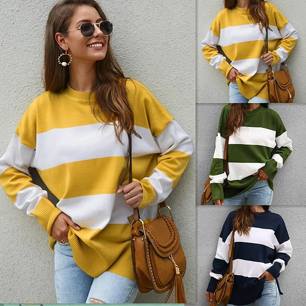 

JAYCOSIN Women Knitted Sweater Pullover Splice Color Long Sleeves O Neck Knitting Top Loose Casual Sweater Jumper Streetwear