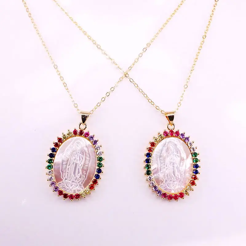 

6PCS, Golden Micro Paved CZ Stone Jewelry Charm Rainbow Crystal Jesus/Mary of Virgin Shell Pendant Necklace