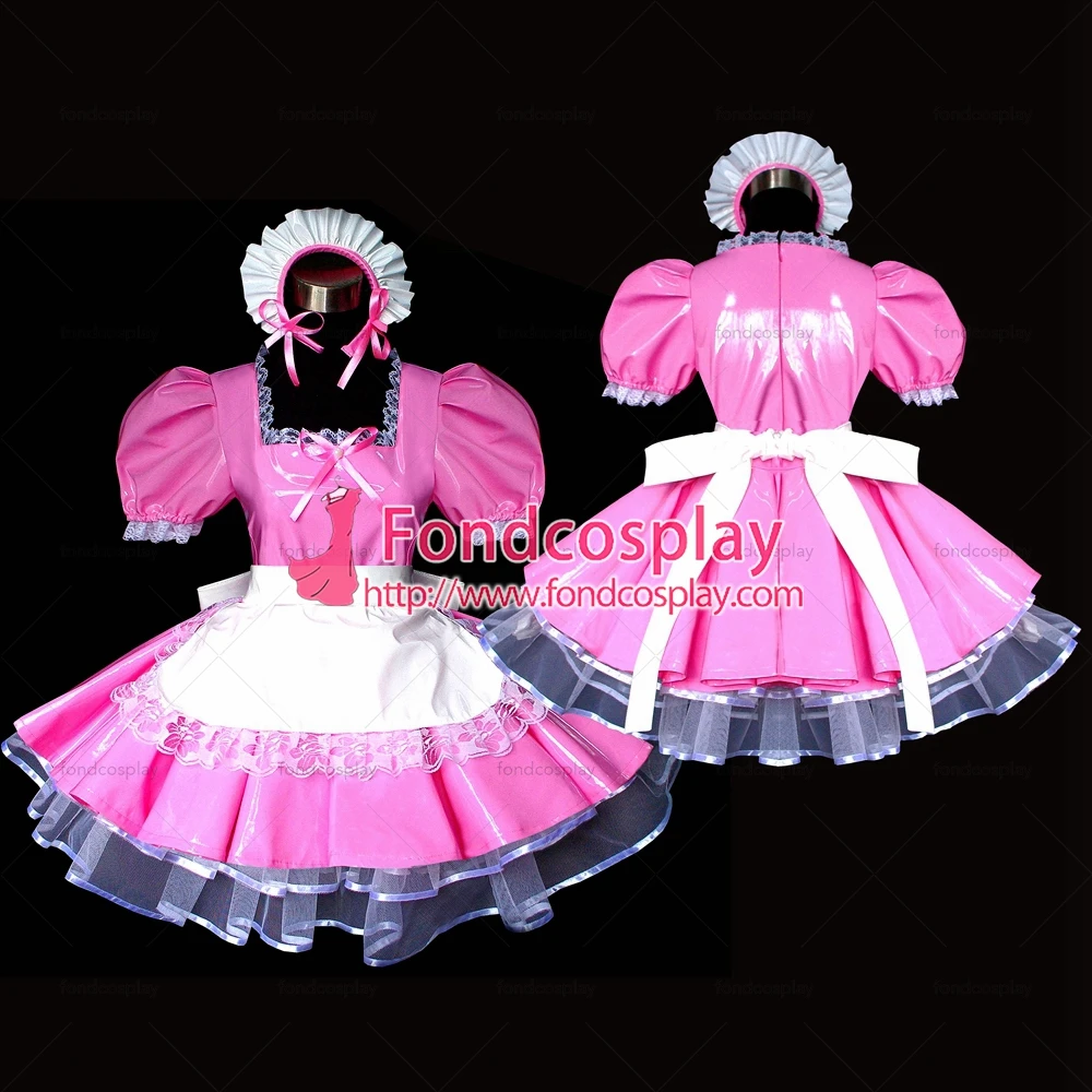 

fondcosplay adult sexy cross dressing sissy maid pink thin Pvc Dress Lockable Uniform white apron Costume Custom-made[G489]