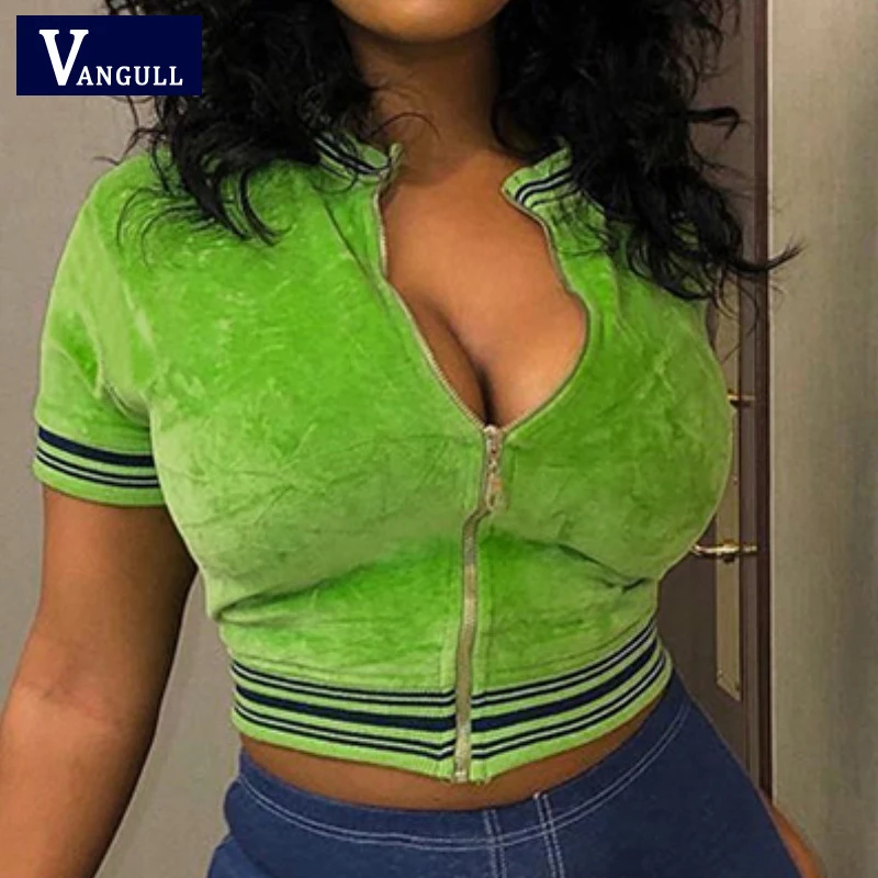 

Vangull Casual Skinny Short Sleeve Sweat Coat Women Solid Short Jacket Tops Female Spring Autumn Zipper O-Neck Navel Outwear