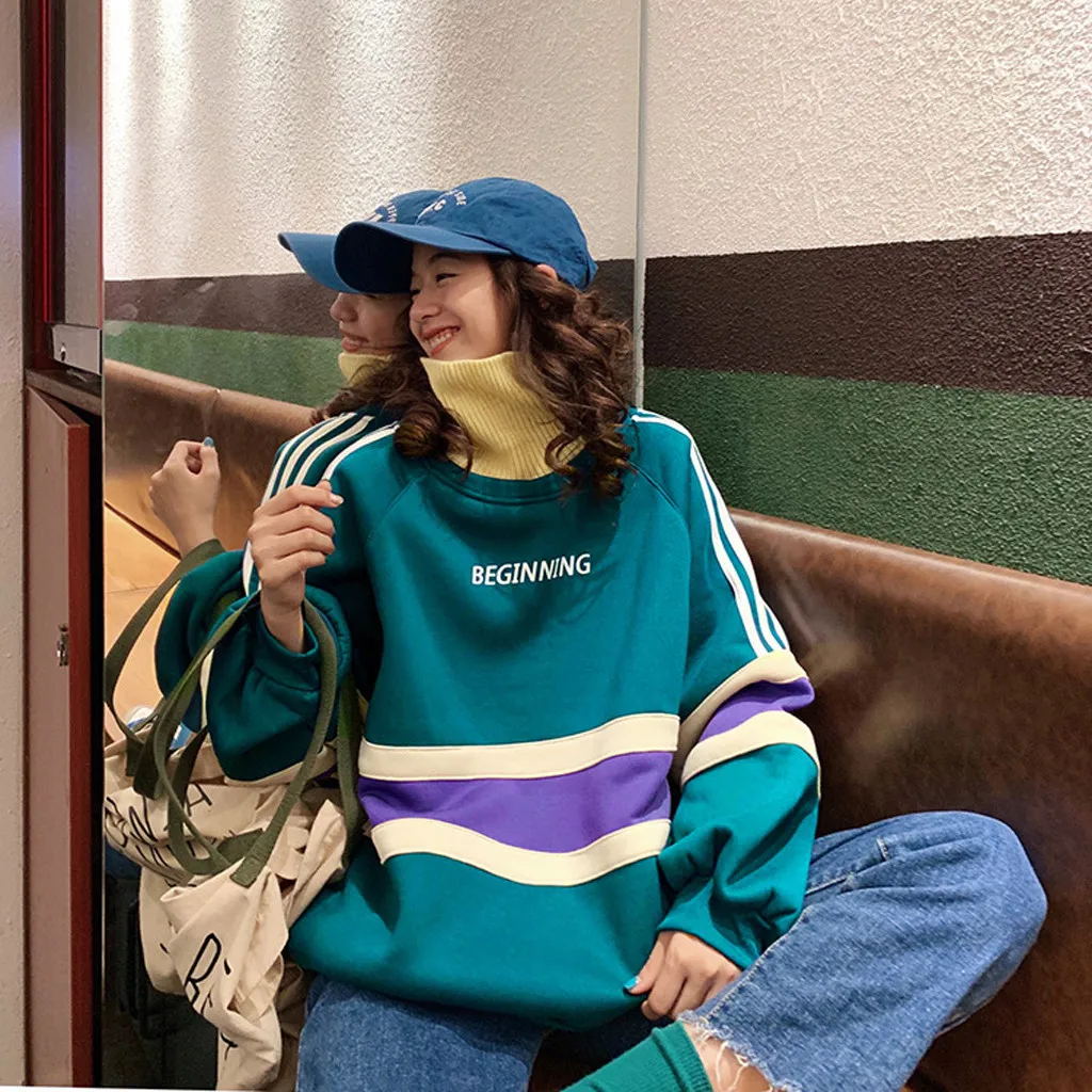 Patchwork Hoodie Women Hip Hop Splicing Zipper Pocket Hooded Cap Long Sleeves Top Blouse Sweatshirt Winter Thickening Coat | Женская