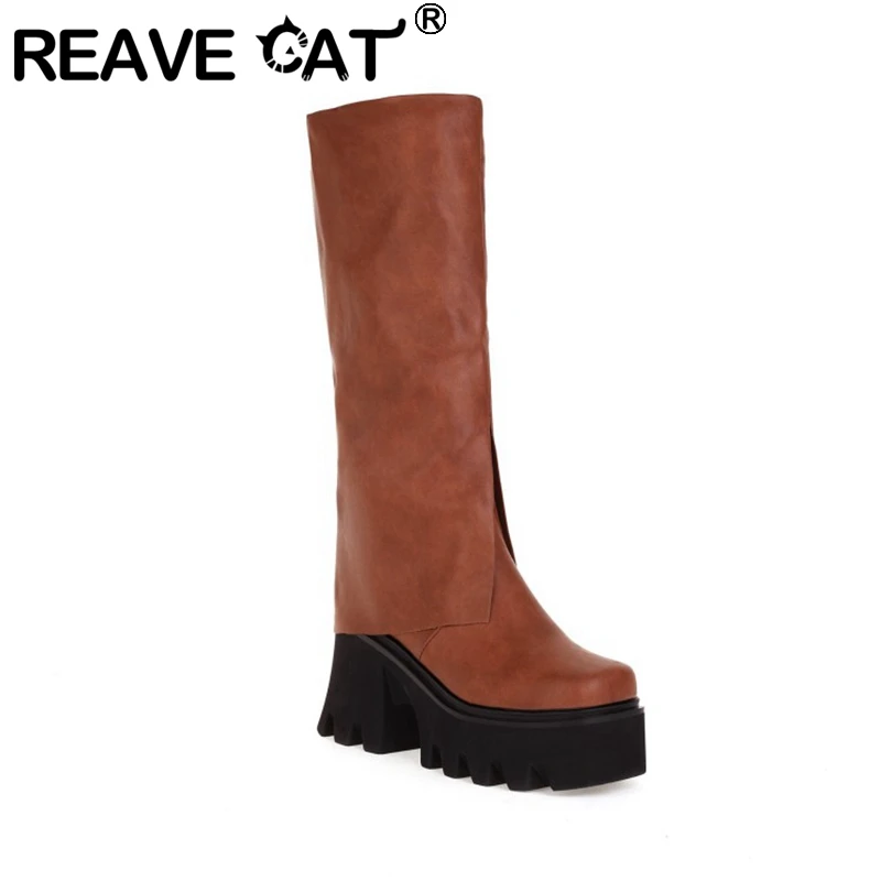 

Женские сапоги до колена REAVE CAT, черные сапоги в римском винтажном стиле на платформе и очень высоком каблуке 9 см, модель F1311, 2021