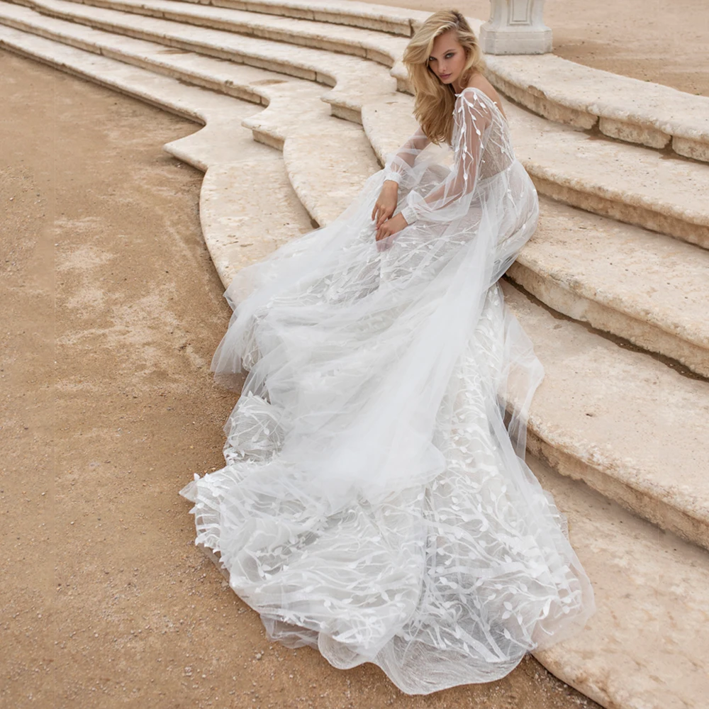 

Белое свадебное платье А-силуэта с длинным рукавом, в пол, с блестками, аппликацией и открытой спиной, из тюля, с молнией, со шлейфом, свадебно...