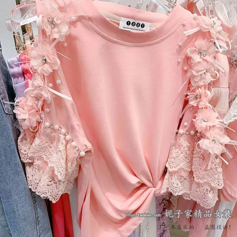 

2021 Summer T Shirt New Beads Diamond Flower Off-Shoulder Short Sleeve T-shirt Lace Stitching Loose Top for Women Plain Pullover