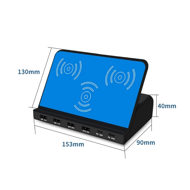

Universal 6Ports 30W Type C PD QC3.0 USB Fast Charger 10W Dual Wireless Charger Station Stand for Laptop Cellphone Tablet