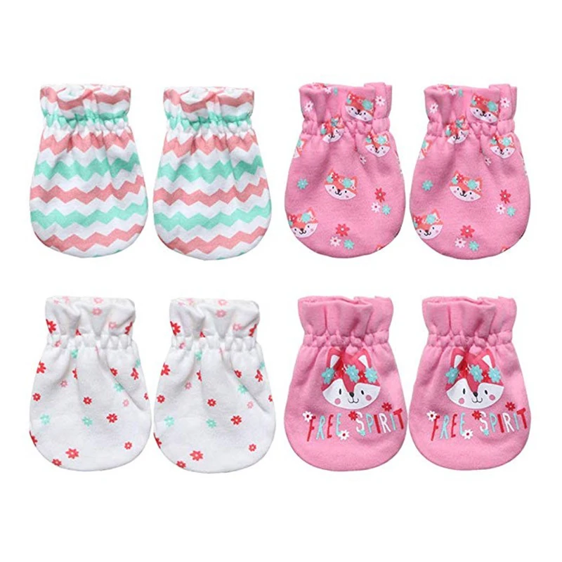 

Newborn Baby Cotton Caps Mittens - 100% Cotton 4pcs Baby Cotton Caps Hats and 4 Pairs Baby Scratch Mittens Gloves for Baby Girl