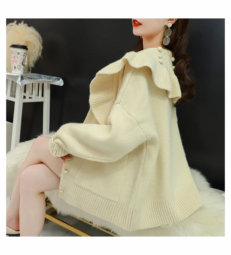 H.SA Women Winter Oversized Sweater Cardigans Big Collar Ruffles Loose Jumpers Green Beige Cardigans Feminino Button Up