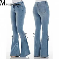 fashion mid waist denim flare pants women lace up slim fit stretch jeans wide leg trousers lady casual bell bottoms