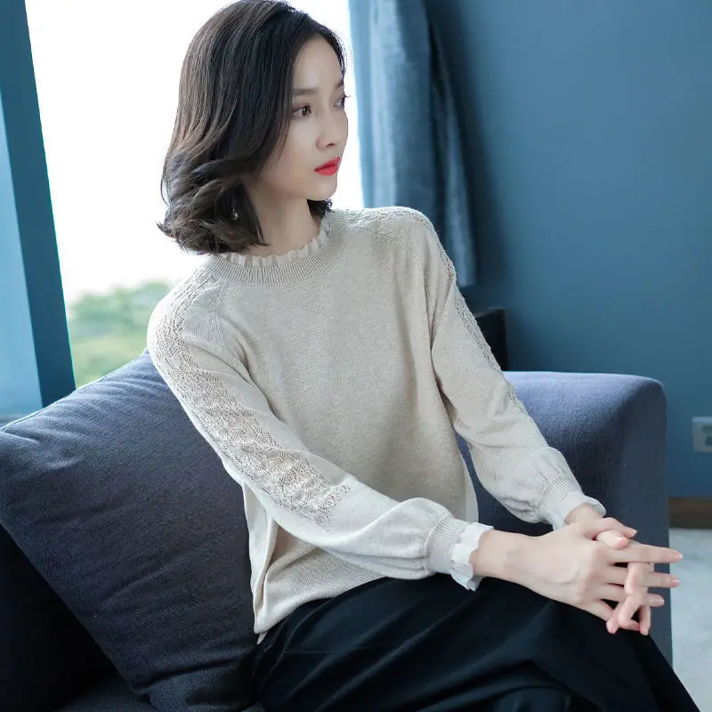 

Bottoming Shirt 2021 New Women's Spring Autumn Sweater Thin Lace O-neck Knitted Solid Long Sleeve Pullover