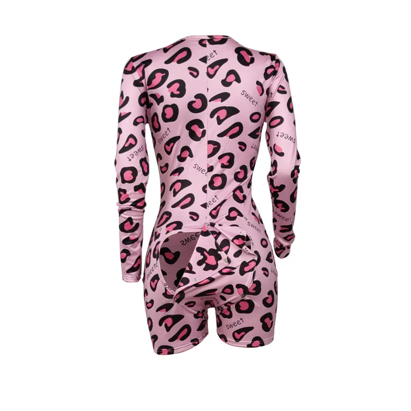 

Women's Casual Close Fitting Printed Jumpsuit With Pink Heart / Leopard Pattern V-neck Long Sleeve Jumpsuit With Button Flip .