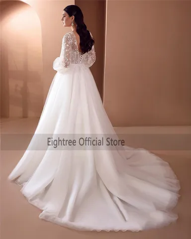 Eightree Vintage Starry Long Sleeve Wedding Dress Lace Vestidos de Noiva Plus Size Bridal Dresses Sweep Train Wedding Gowns