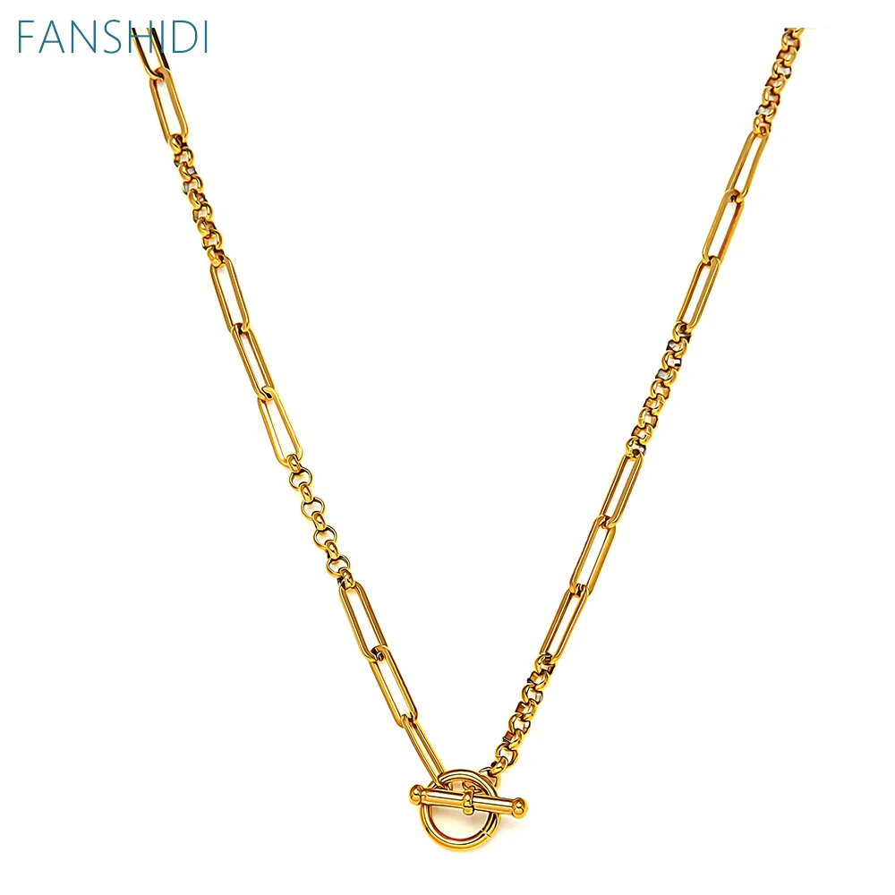

FANSHIDI Gold Color Spring Clasp Necklace Square Link Chain Toggle Clasp OT Buckle Choker Stainless Steel Jewelry